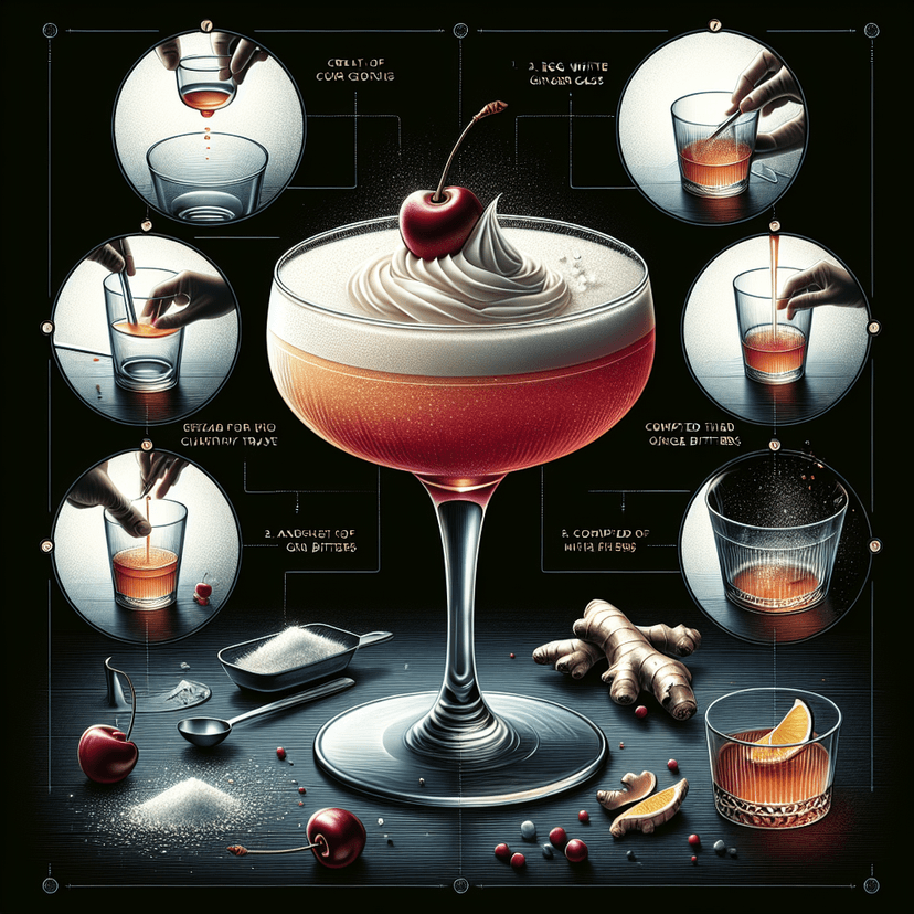 Crimson Cascade Sour, Striking cocktail with sour cherry, ginger, and