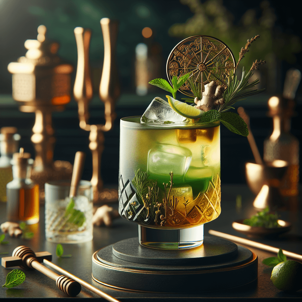 Emerald Zen Fusion, Green tea whiskey cocktail with honey and ginger