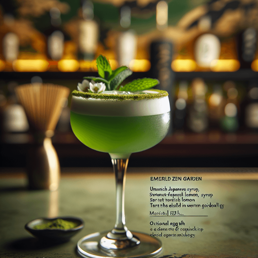 Emerald Zen Garden, Tranquil cocktail with matcha, gin, lemon, honey