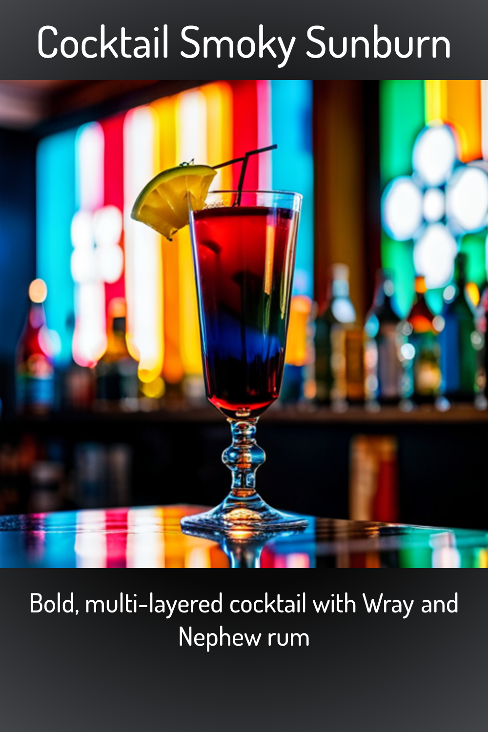 Cocktail Smoky Sunburn, Bold, multilayered cocktail with Wray and Nephew rum