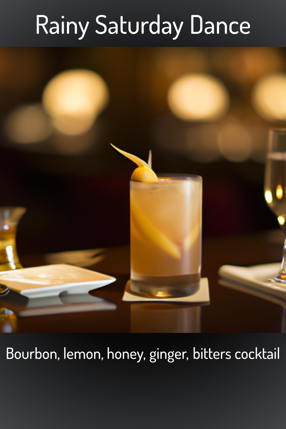 Rainy Saturday Dance, Bourbon, lemon, honey, ginger, bitters cocktail