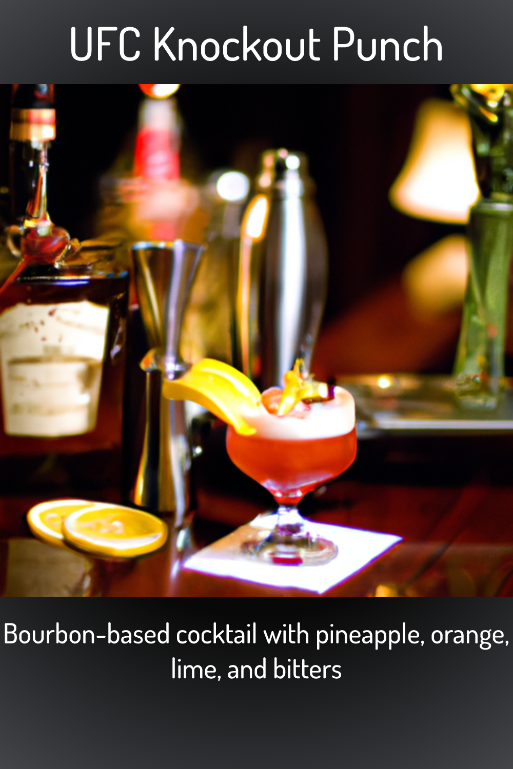 UFC Knockout Punch, Bourbonbased cocktail with pineapple, orange, lime
