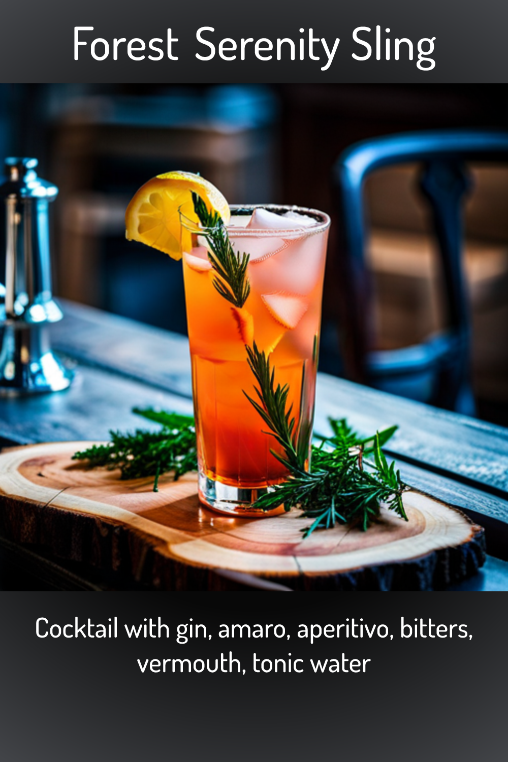 Forest Serenity Sling, Cocktail with gin, amaro, aperitivo, bitters