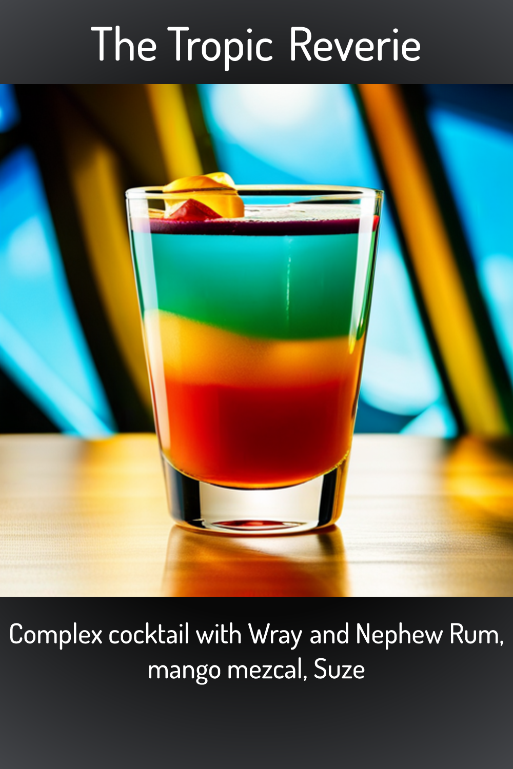 The Tropic Reverie, Complex cocktail with Wray and Nephew Rum, mango mezcal, Suze