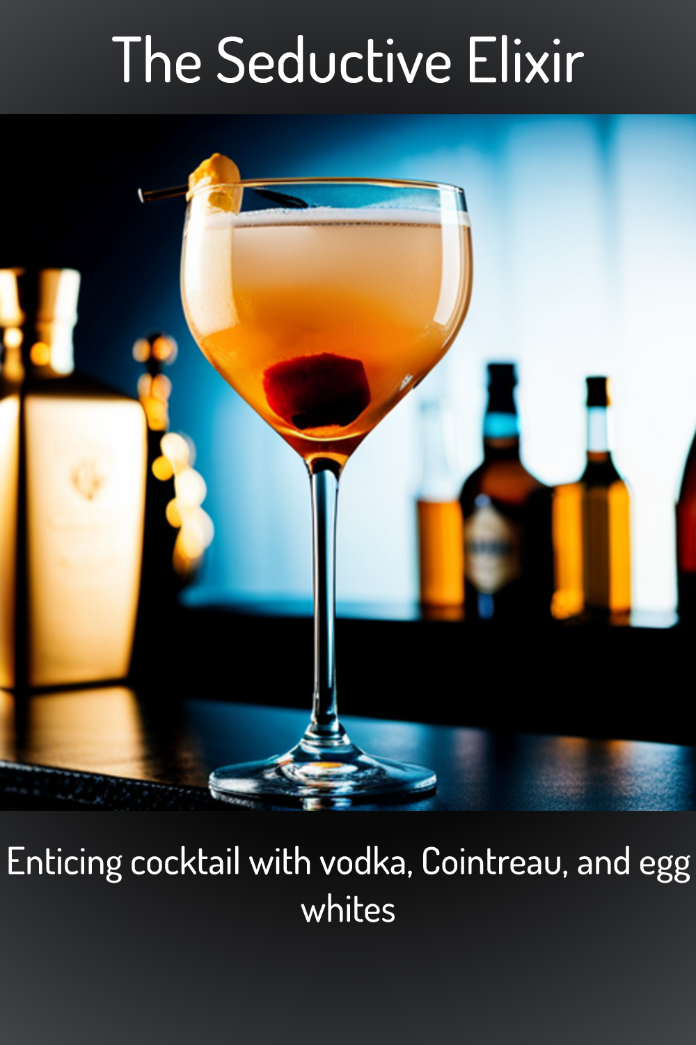 The Seductive Elixir, Enticing cocktail with vodka, Cointreau, and egg whites