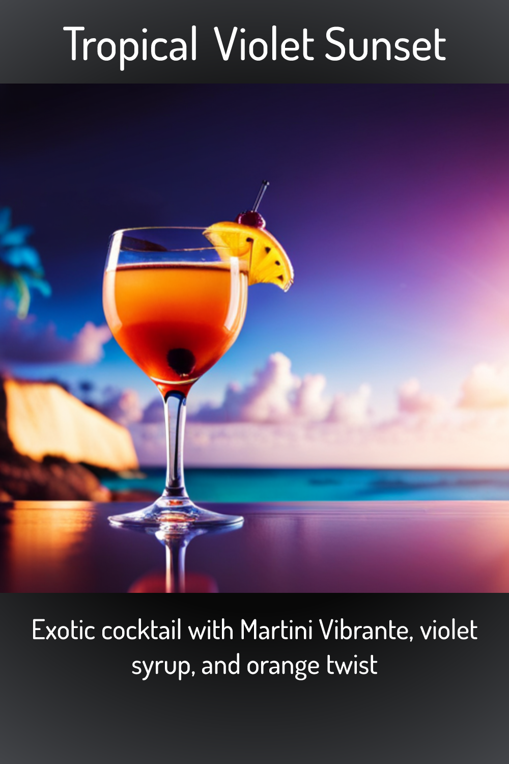 Tropical Violet Sunset, Exotic cocktail with Martini Vibrante, violet