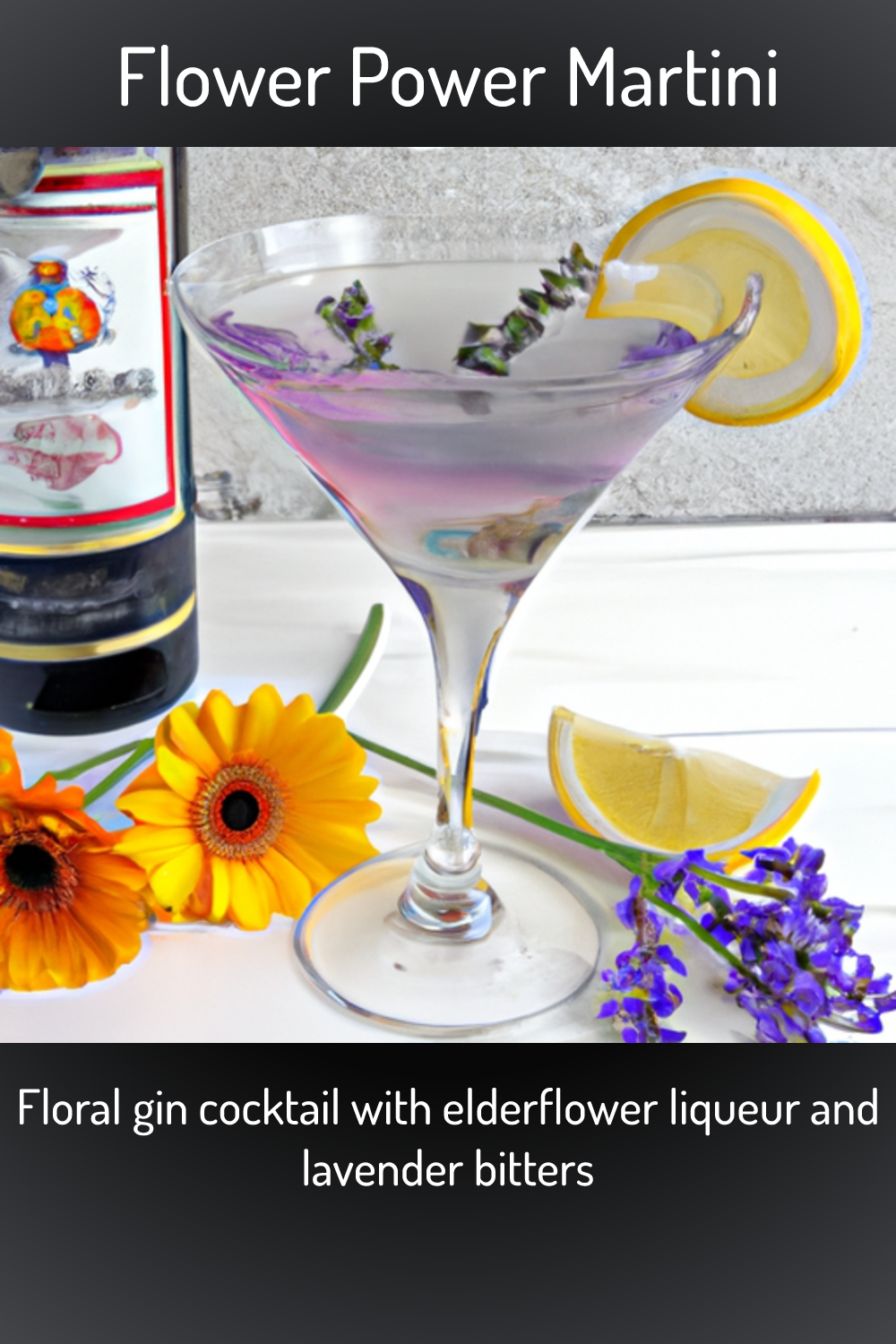 Flower Power Martini, Floral gin cocktail with elderflower liqueur and lavender bitters