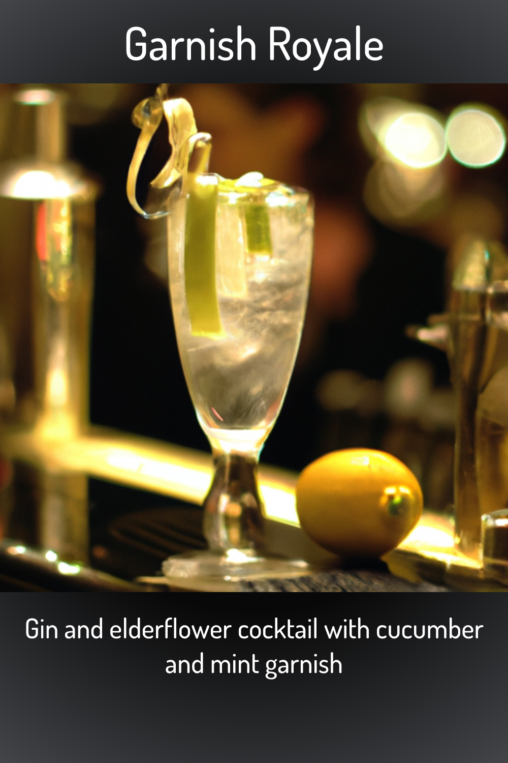 Garnish Royale, Gin and elderflower cocktail with cucumber and mint garnish