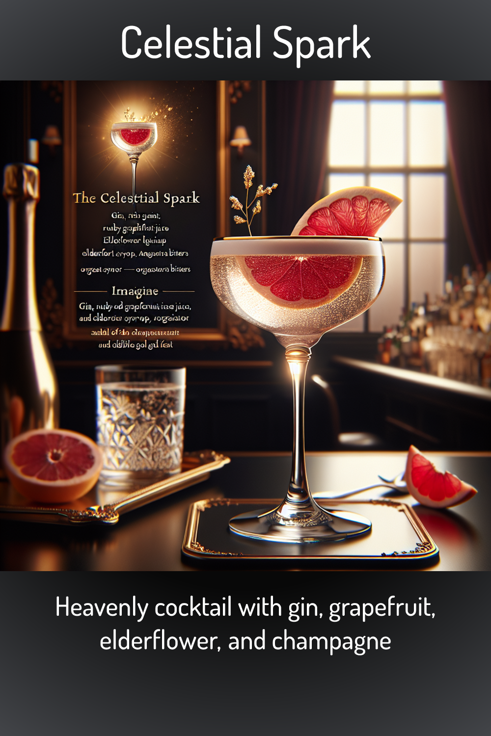 Celestial Spark, Heavenly cocktail with gin, grapefruit, elderflower