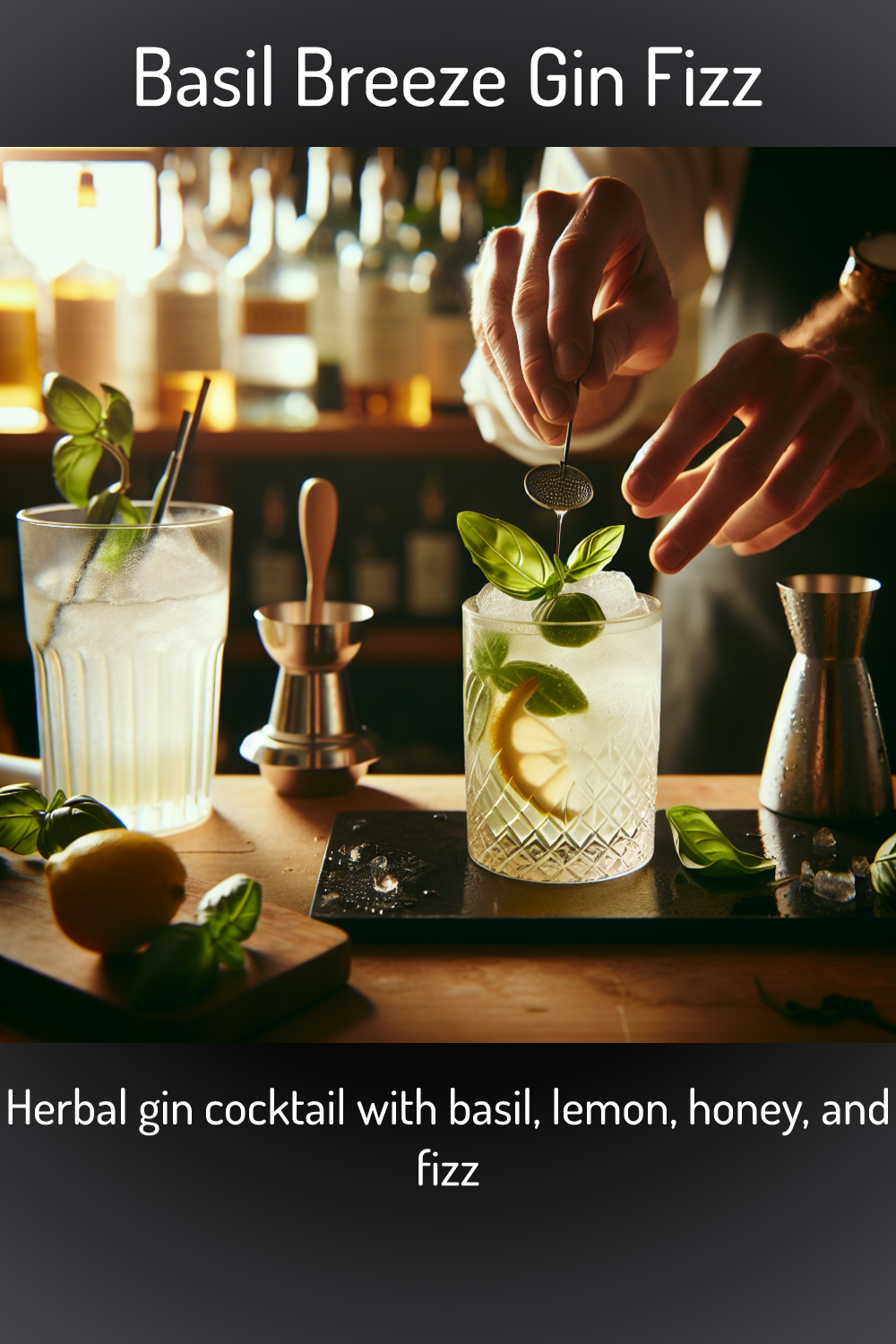 Basil Breeze Gin Fizz, Herbal gin cocktail with basil, lemon, honey