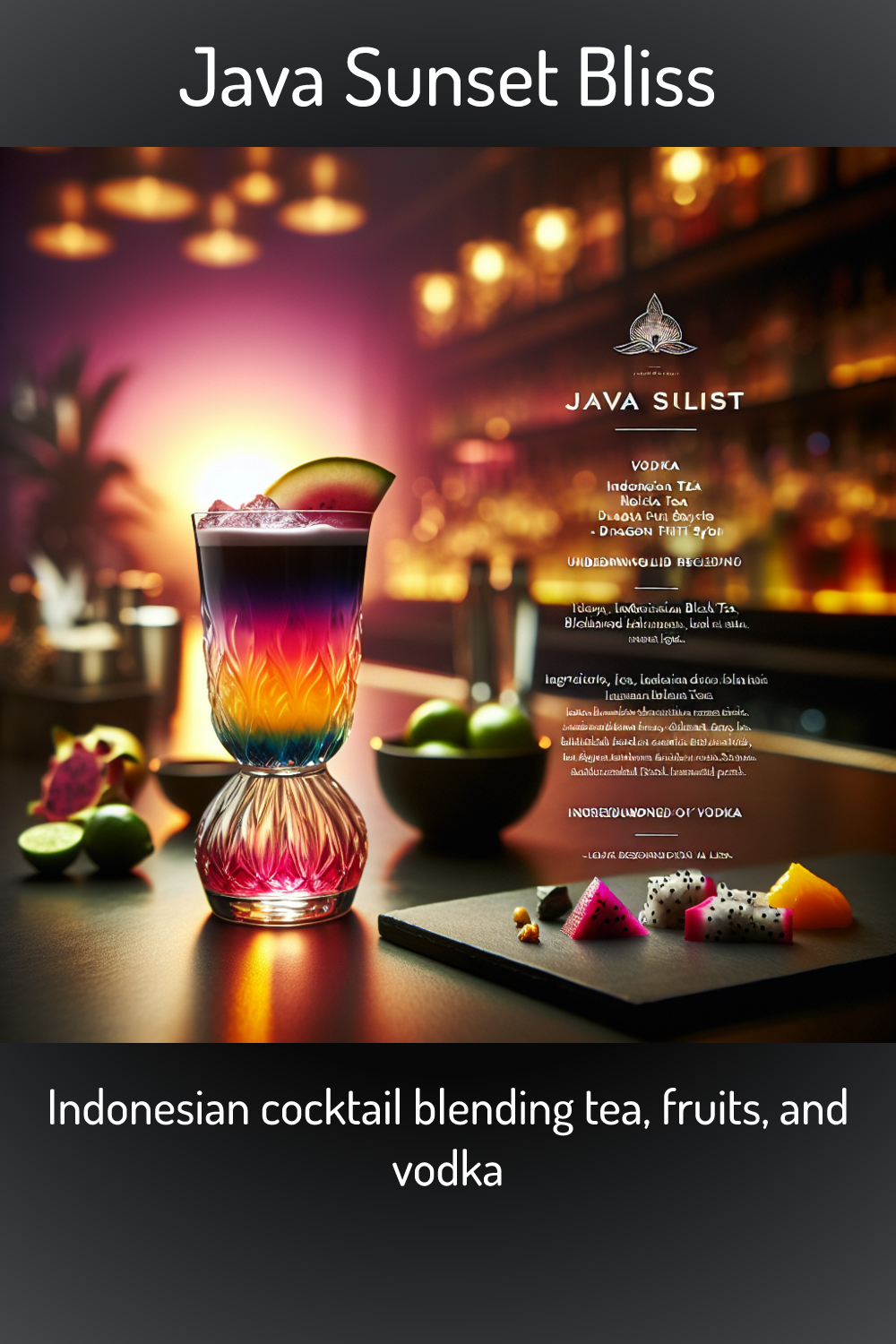 Java Sunset Bliss, Indonesian cocktail blending tea, fruits, and vodka