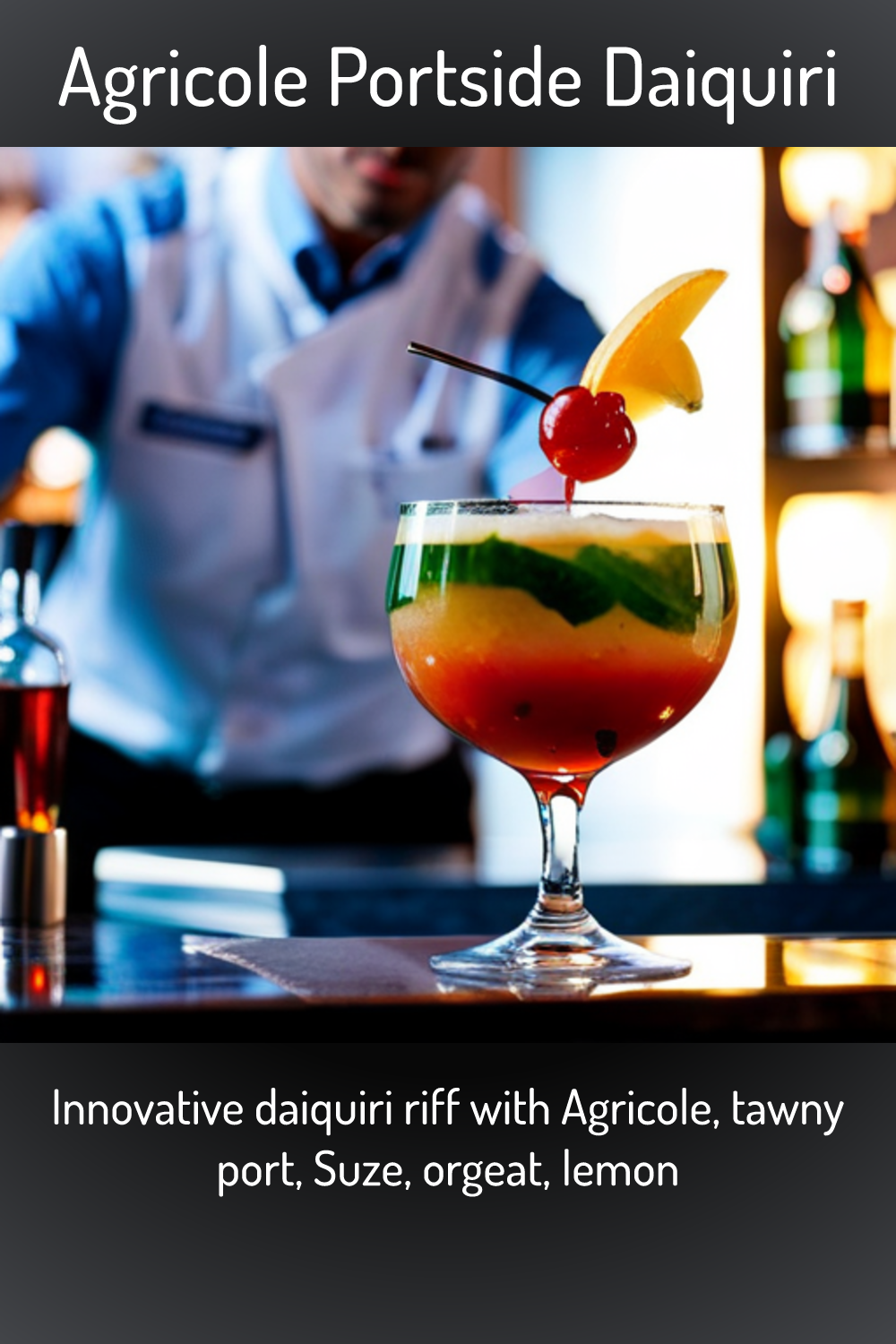 Agricole Portside Daiquiri, Innovative daiquiri riff with Agricole, tawny port, Suze, orgeat, lemon