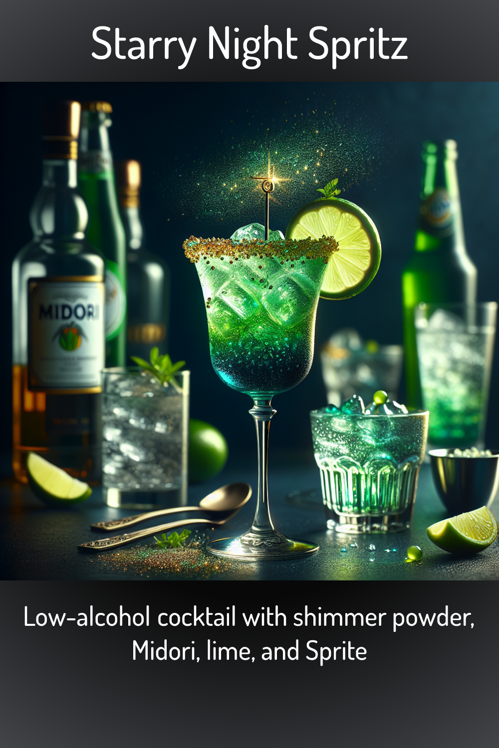 Starry Night Spritz, Lowalcohol cocktail with shimmer powder, Midori