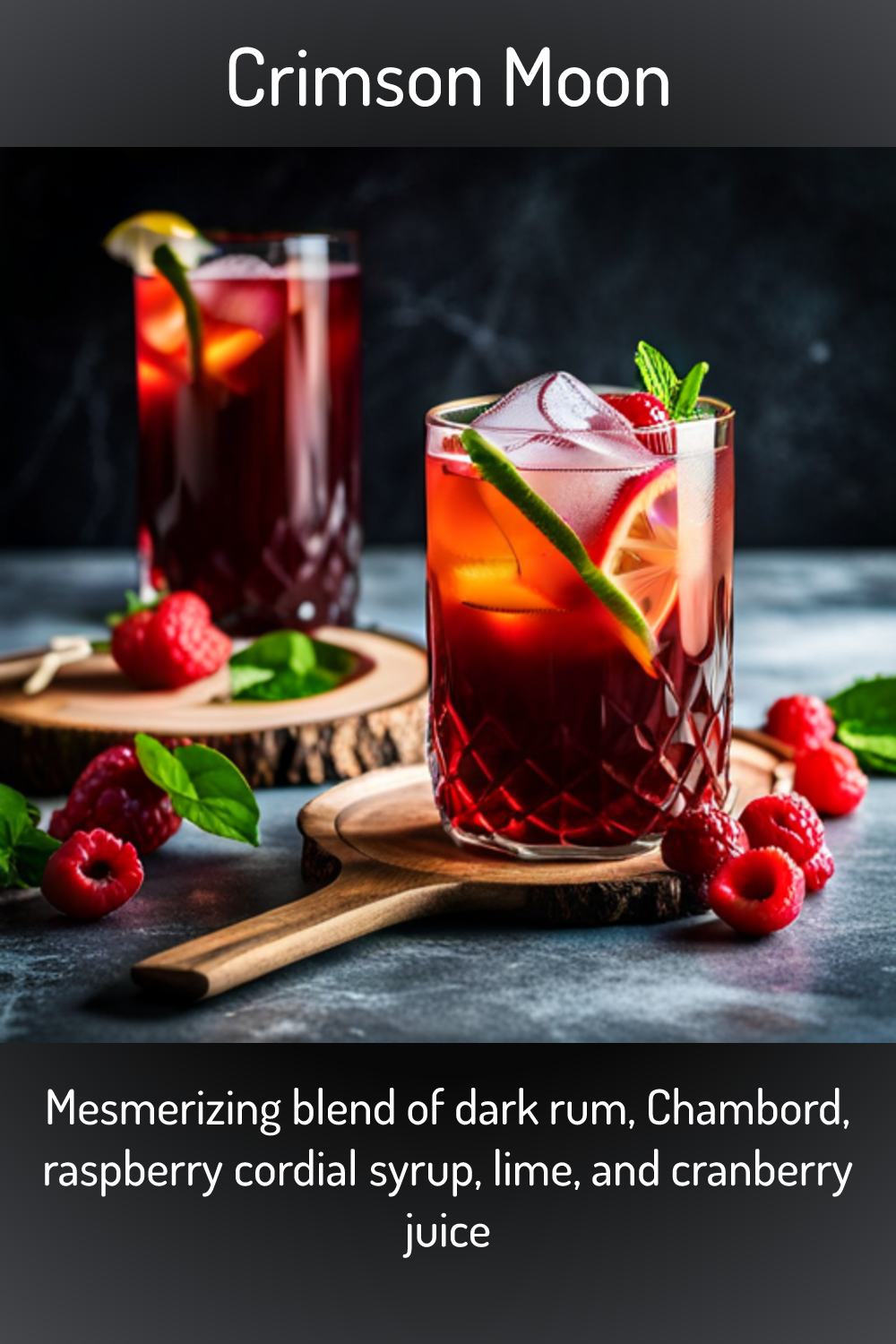 Crimson Moon, Mesmerizing blend of dark rum, Chambord, raspberry