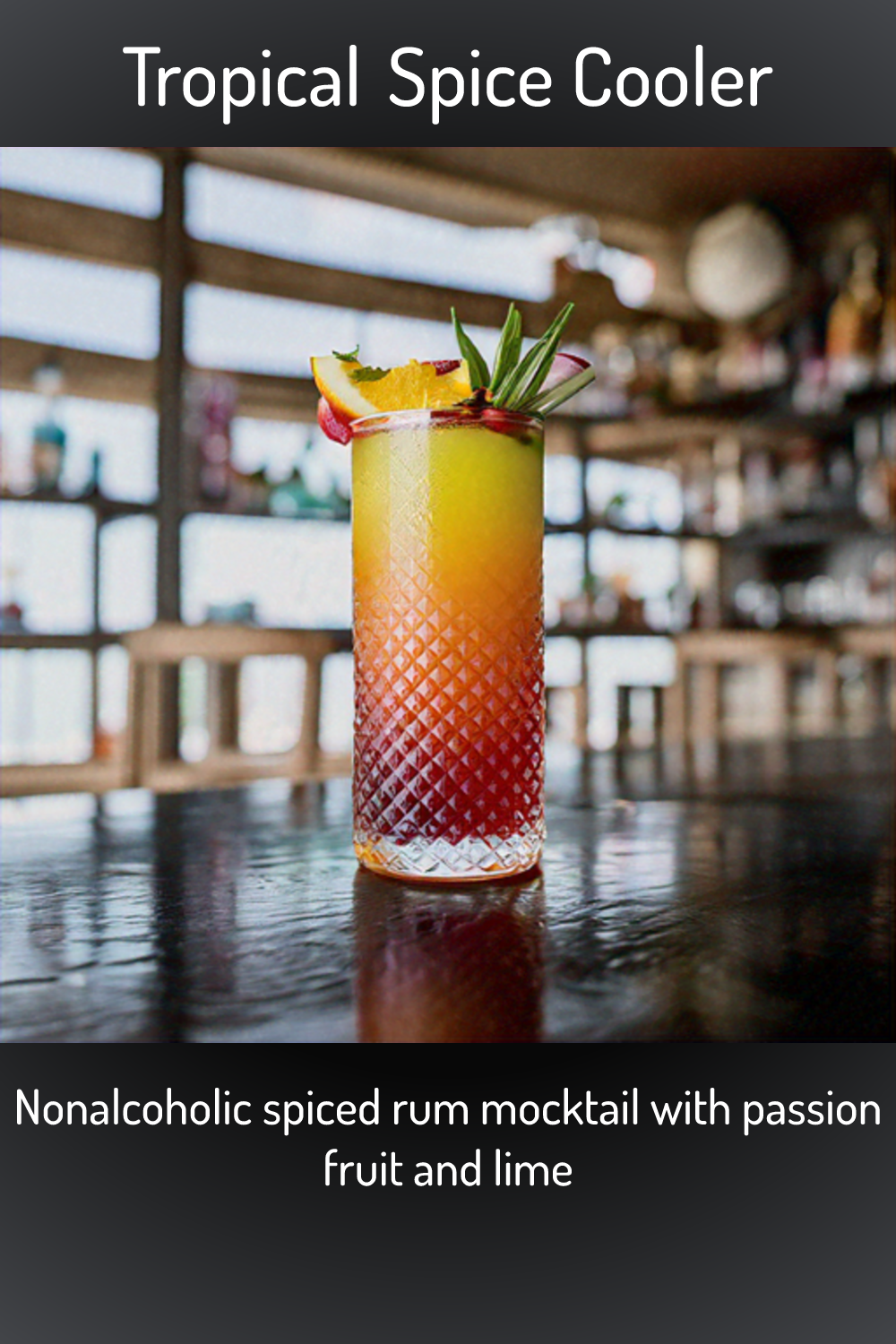 Tropical Spice Cooler, Nonalcoholic spiced rum mocktail with passion