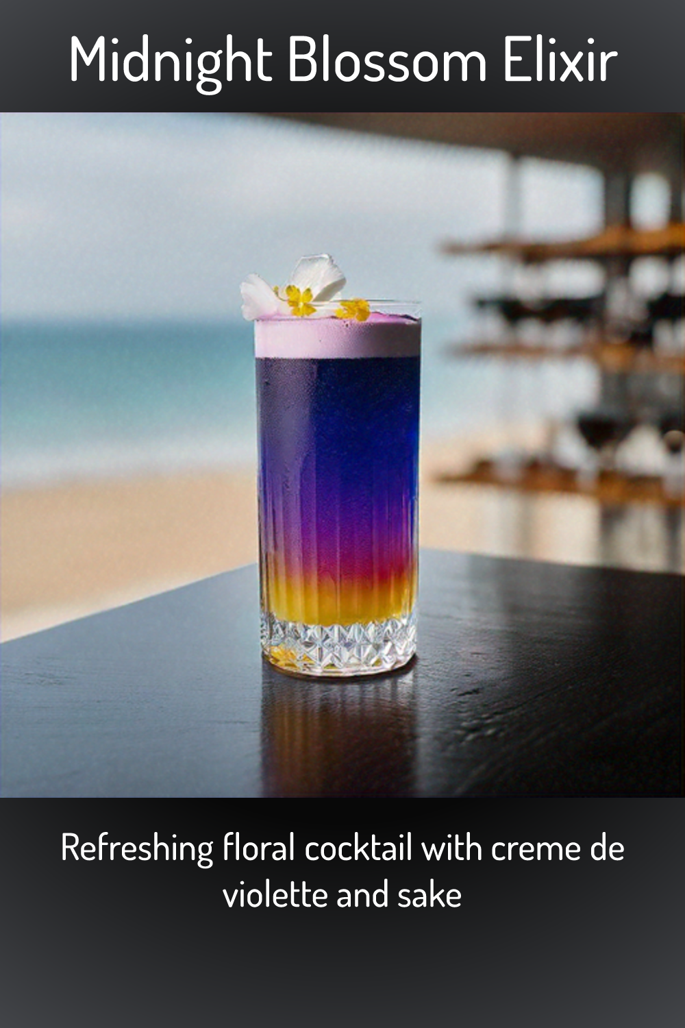 Midnight Blossom Elixir, Refreshing floral cocktail with creme de