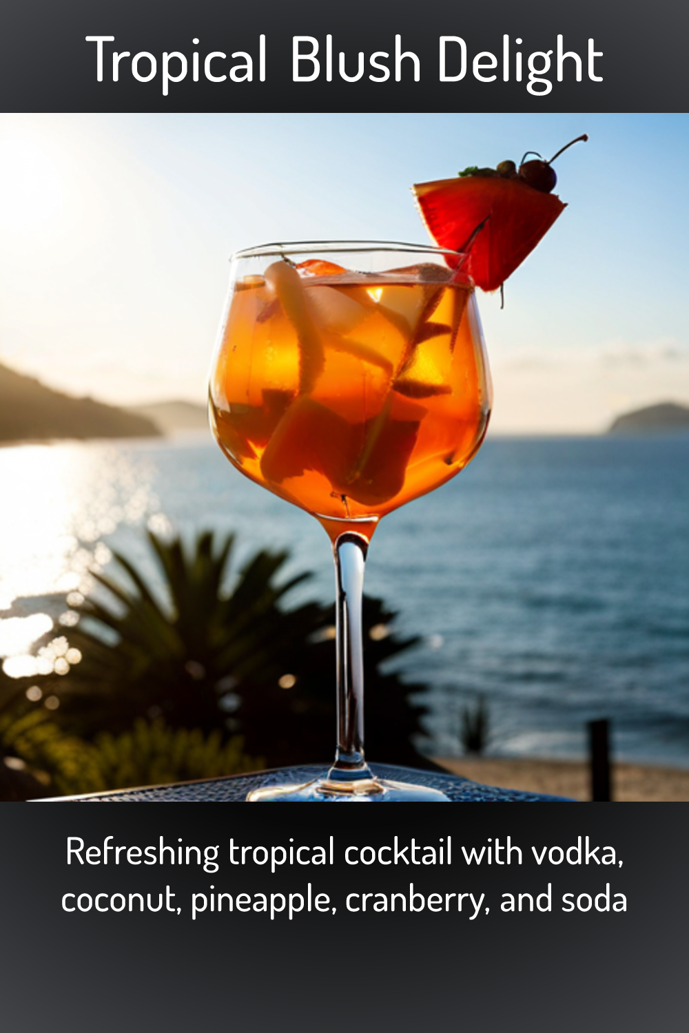 Tropical Blush Delight, Refreshing tropical cocktail with vodka, coconut, pineapple, cranberry