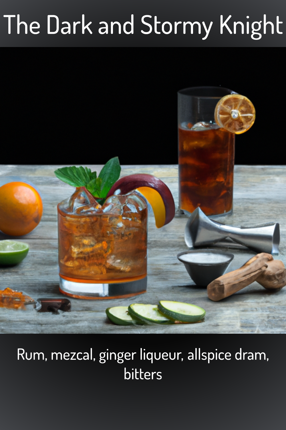 The Dark and Stormy Knight, Rum, mezcal, ginger liqueur, allspice dram