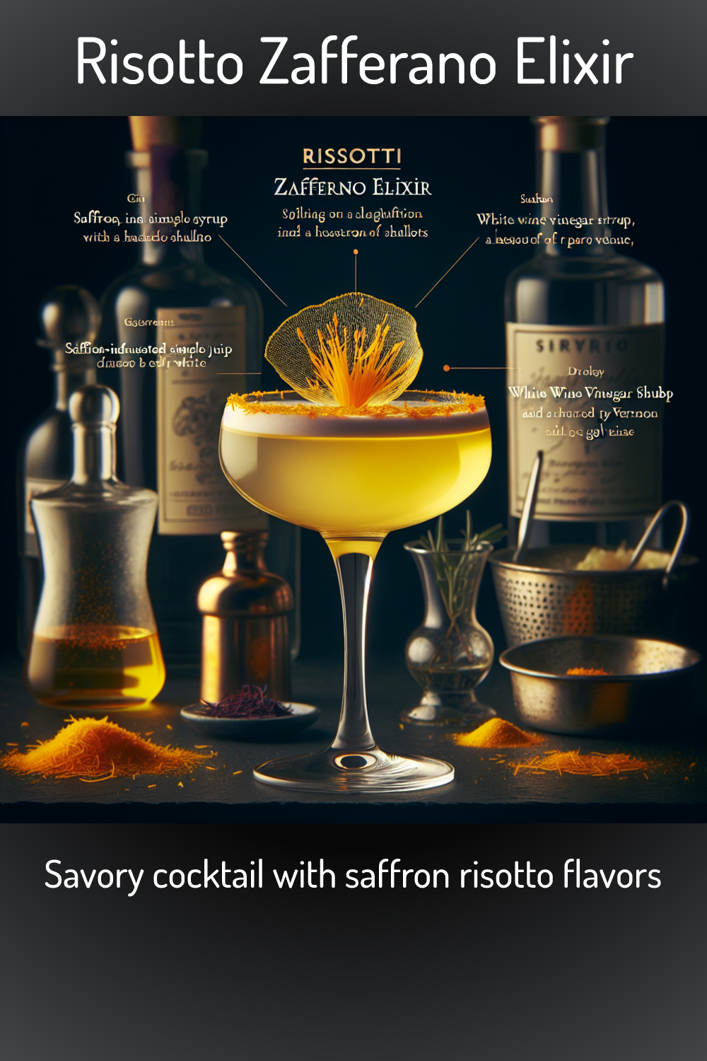Risotto Zafferano Elixir, Savory cocktail with saffron risotto flavors