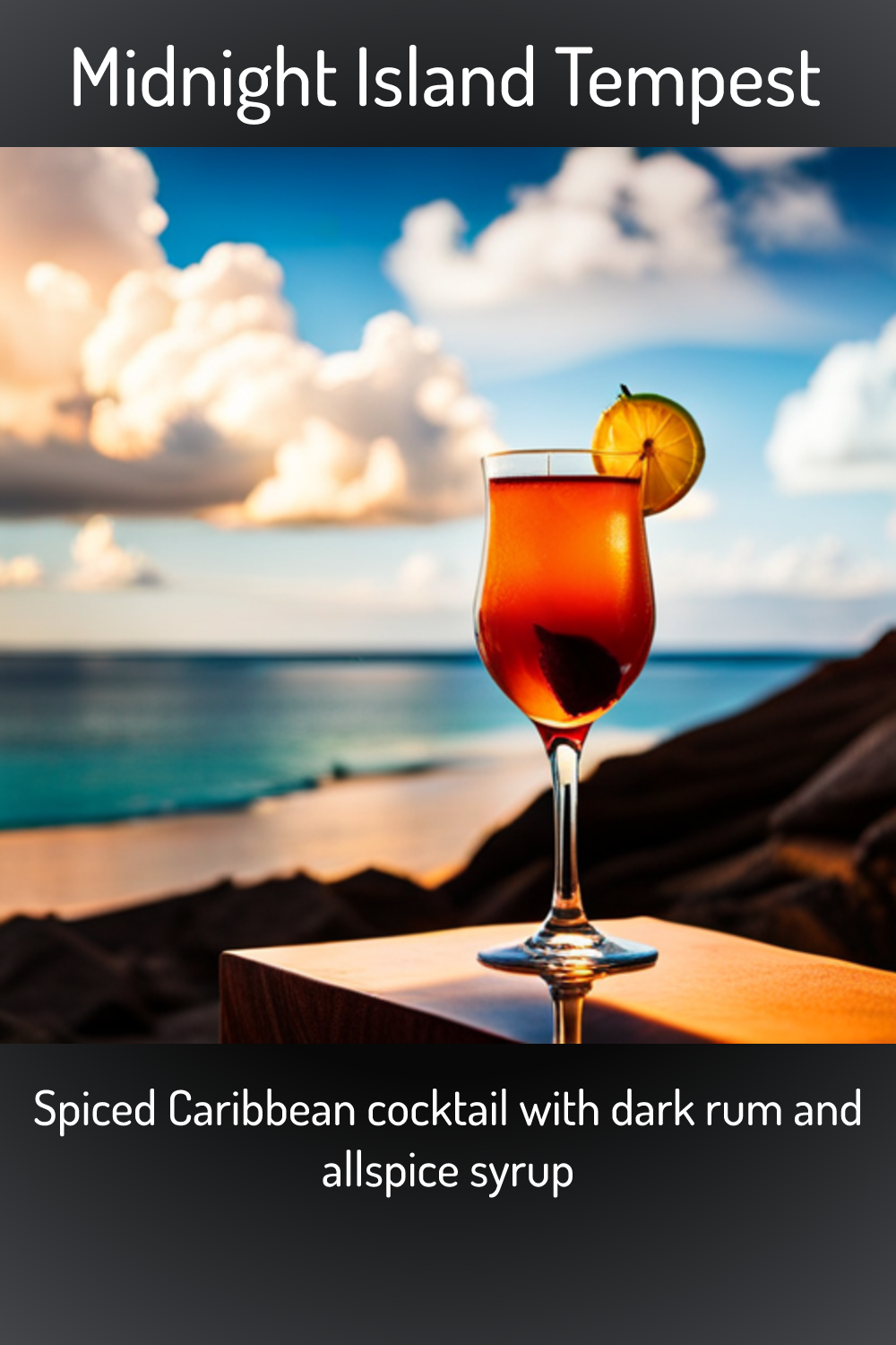 Midnight Island Tempest, Spiced Caribbean cocktail with dark rum and