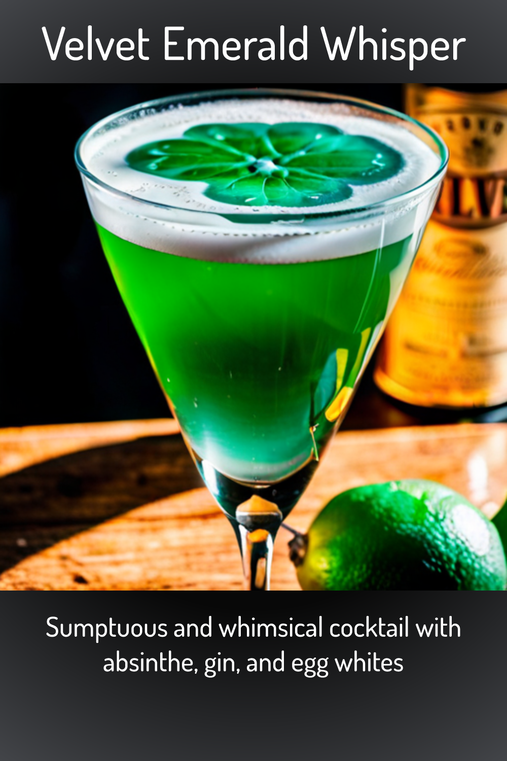 Velvet Emerald Whisper, Sumptuous and whimsical cocktail with absinthe, gin, and egg whites