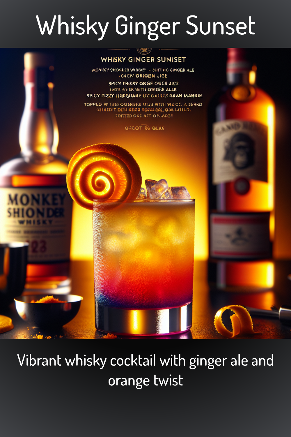 Whisky Ginger Sunset, Vibrant whisky cocktail with ginger ale and orange twist