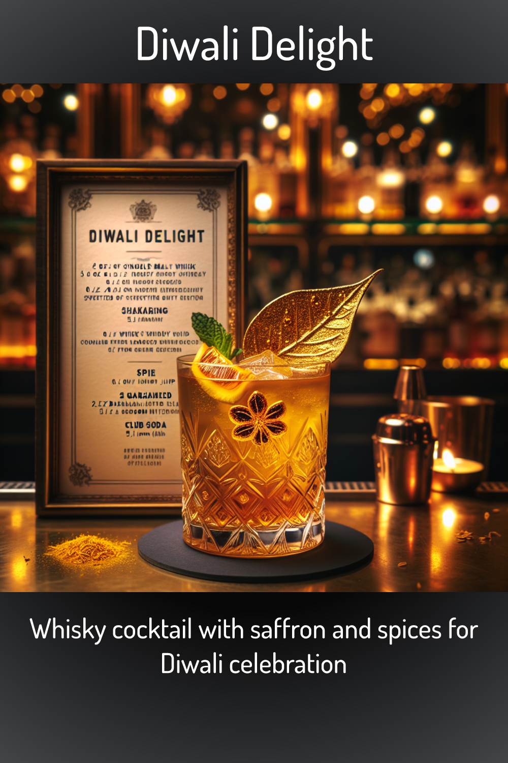 Diwali Delight, Whisky cocktail with saffron and spices for Diwali