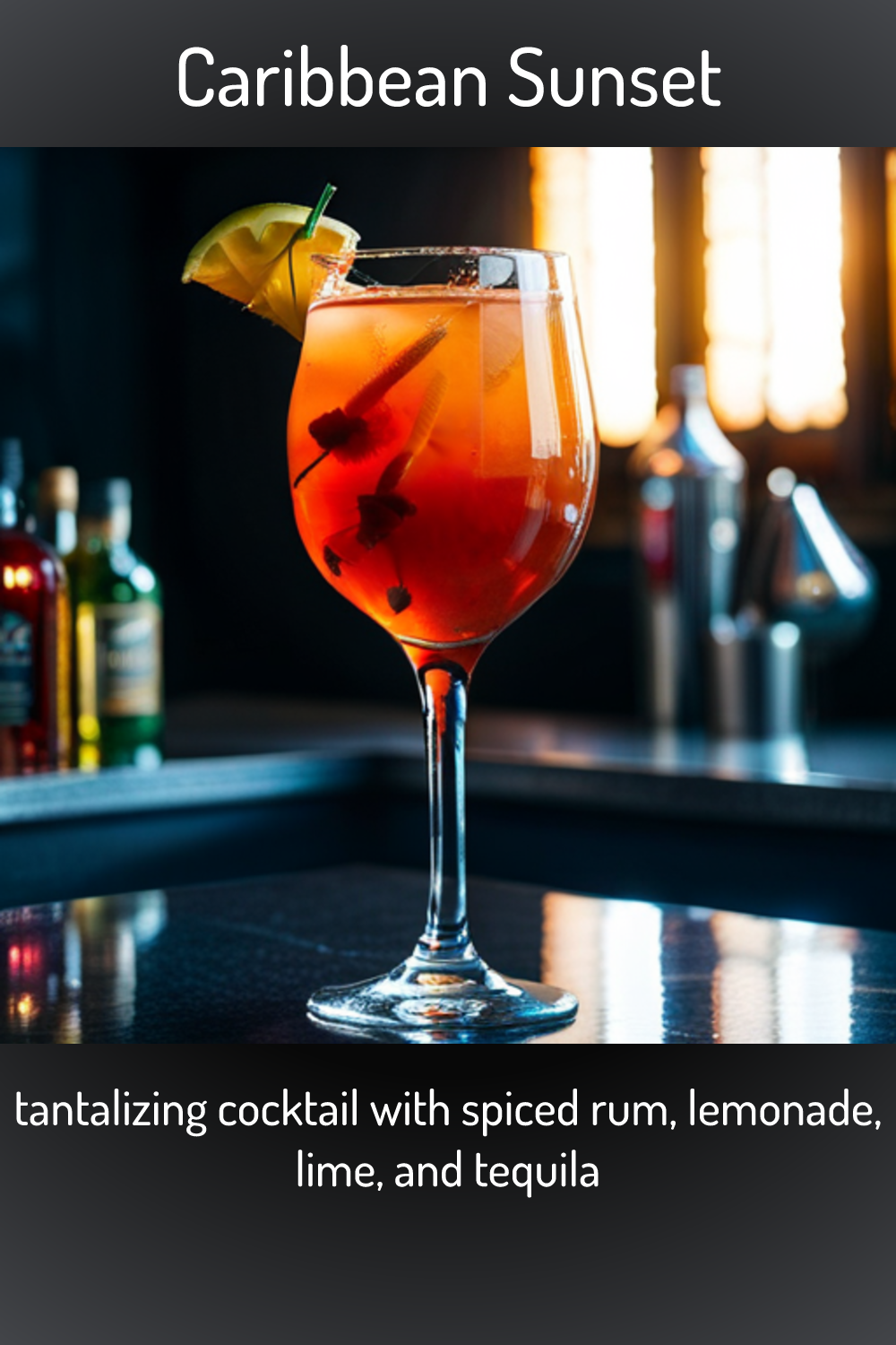 Caribbean Sunset, tantalizing cocktail with spiced rum, lemonade, lime